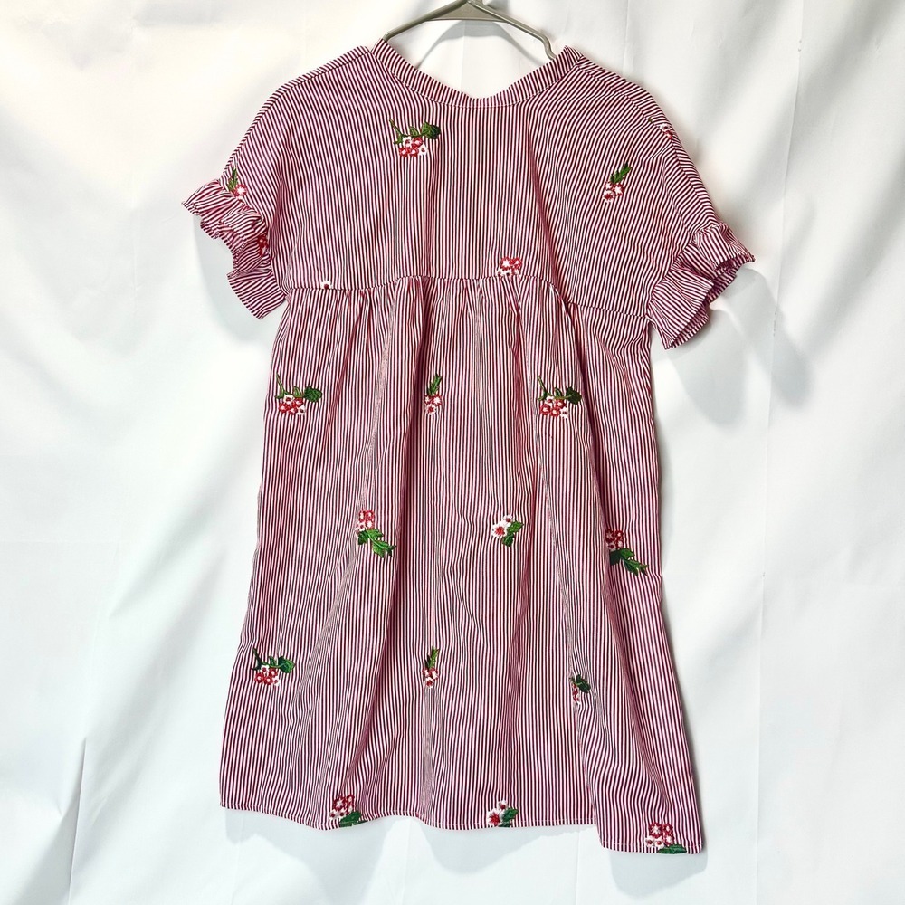 Womens Striped Summer Dress Short Floral Embroidery Ruffle Sleeve Red Size M